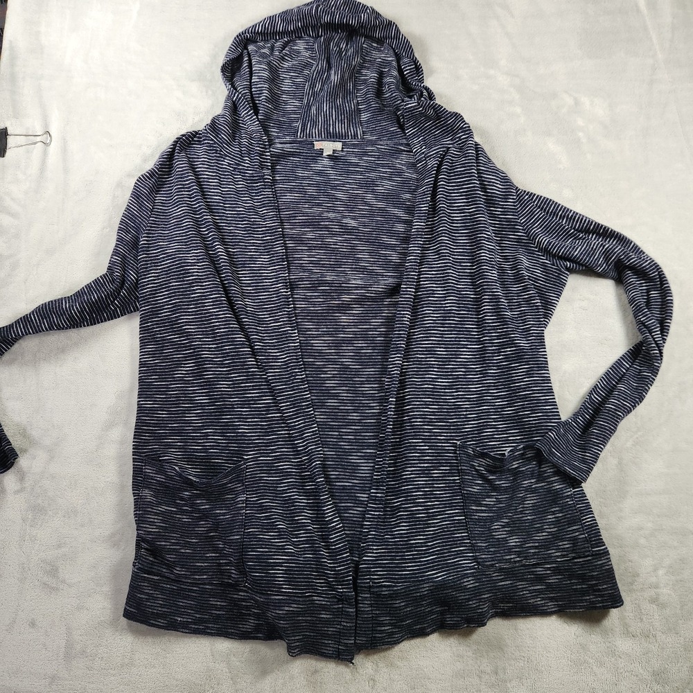 T By Talbots Top Womens Medium Navy Stripe Hooded Cardigan Cotton Pocket*